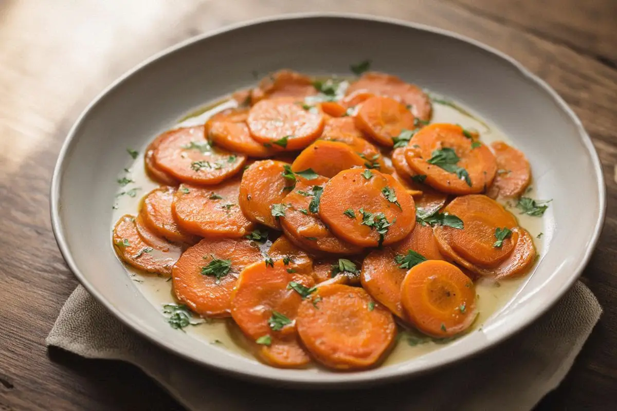 A wide shallow ceramic bowl of thinly sliced braised carrots in a pale, glossy light sauce, on a dark oak table with a vintage linen napkin.