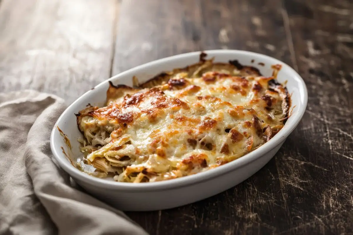 A golden baked celeriac gratin in a white oval ceramic dish, cheese bubbling and browned on top, fresh from the oven