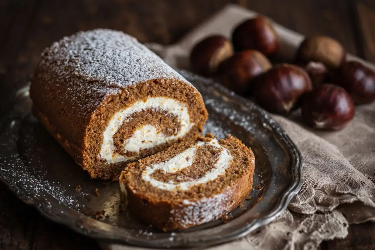 A beautiful chestnut roll cake sliced into thin rounds, dusted with vanilla sugar on a silver serving platter.