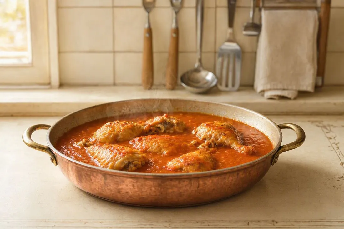 Chicken pieces simmering in a rustic fresh tomato sauce in a shallow pan