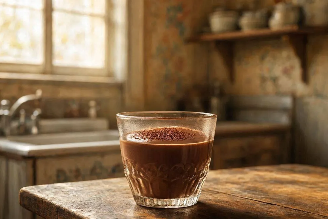 A small glass of chilled chocolate cream without eggs, dusted with cocoa powder