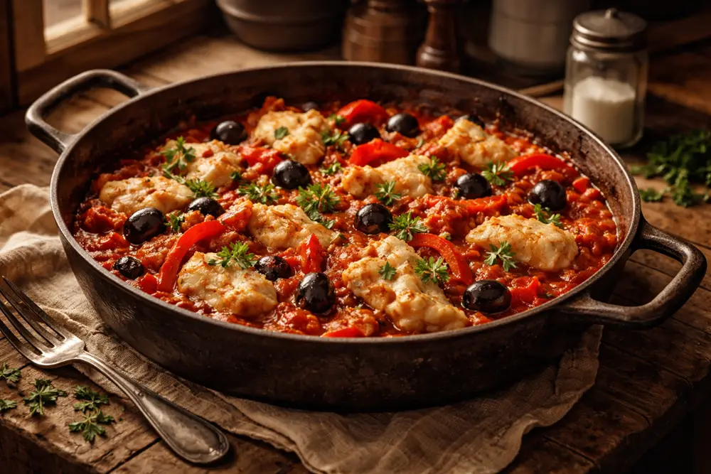 Braised salt cod with tomatoes, red peppers and black olives in a deep pan, garnished with fresh parsley