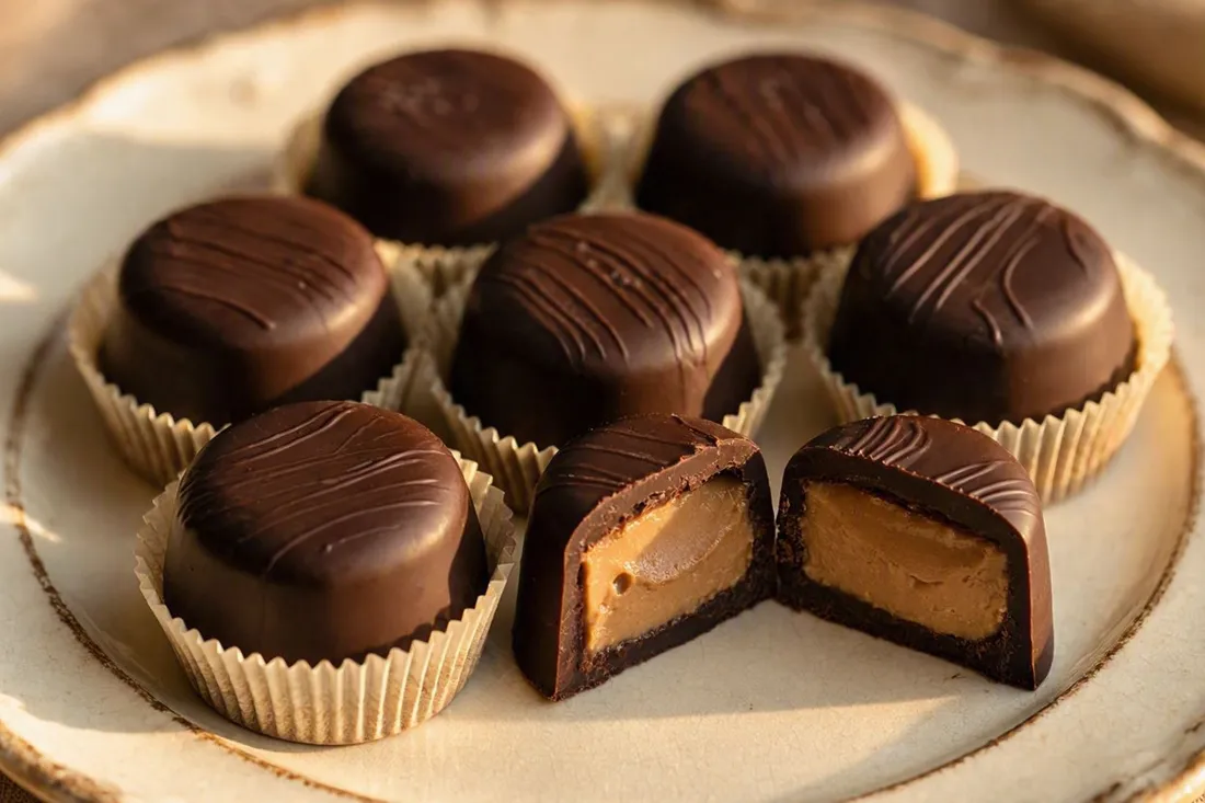 Small chocolate-coated coffee cream tartlets arranged in paper cups