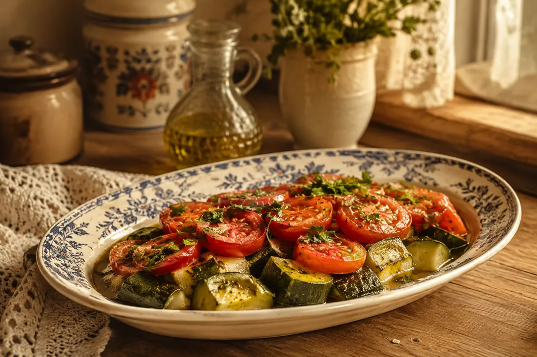 Cold braised zucchini and tomato in a serving dish, topped with parsley