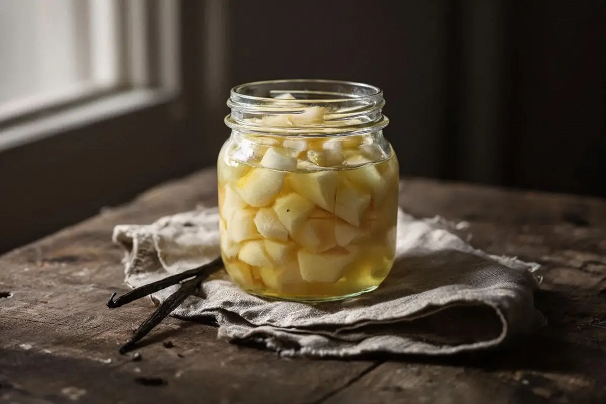 Glass jar of pale translucent melon slices in golden vanilla syrup on a dark oak table, vanilla pod alongside, natural window light from left.