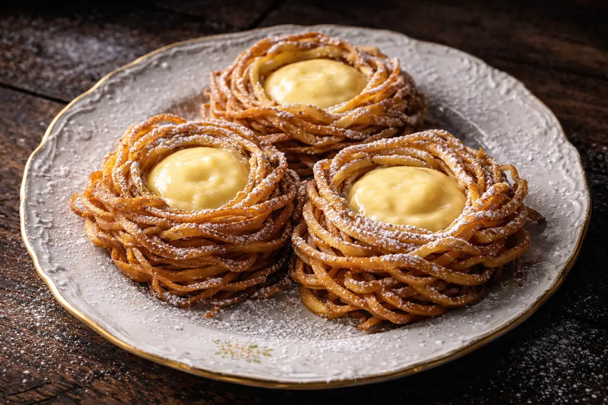 Deep-fried golden noodle nests filled with yellow custard, dusted with fine sugar.