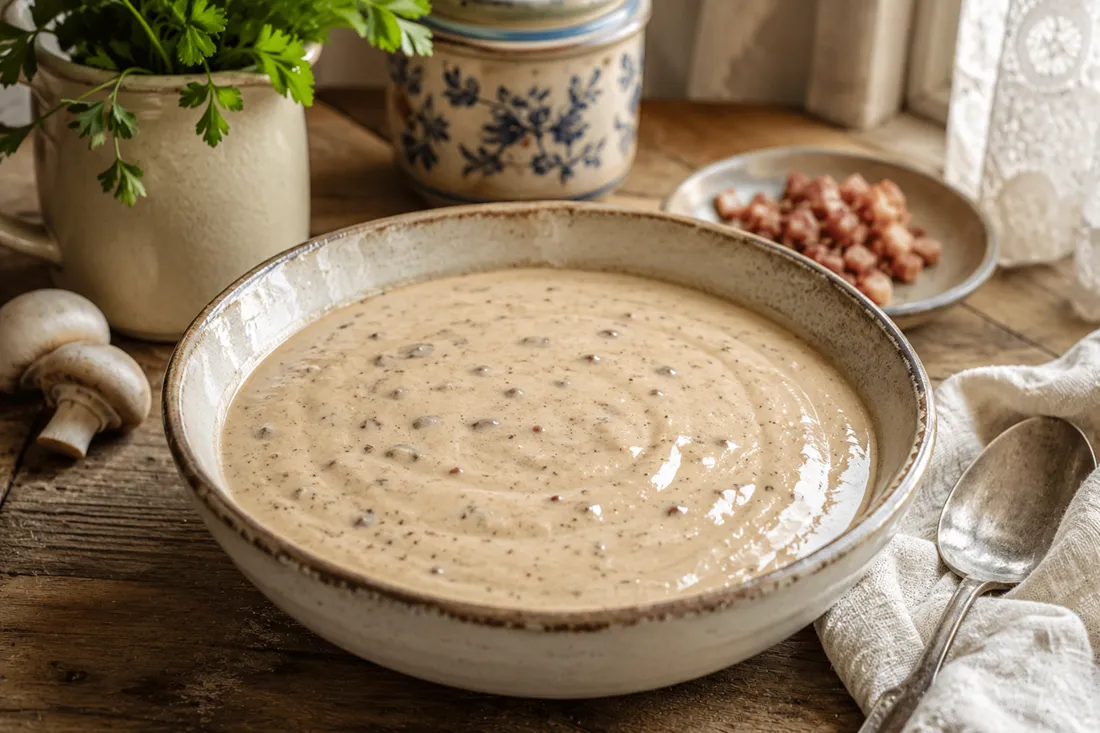 Smooth creamy sauce with flecks of bacon and mushroom in a serving bowl