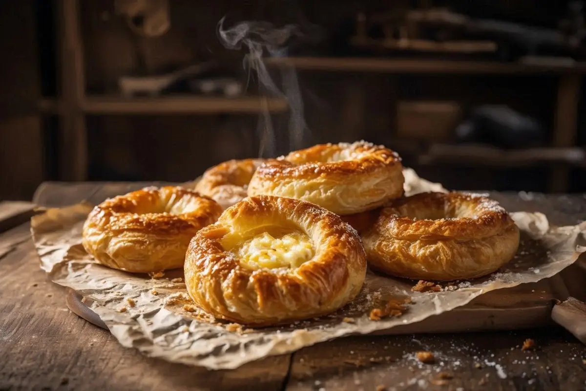 Golden flaky pastry rounds with a visible cheese filling, arranged on a baking sheet lined with parchment