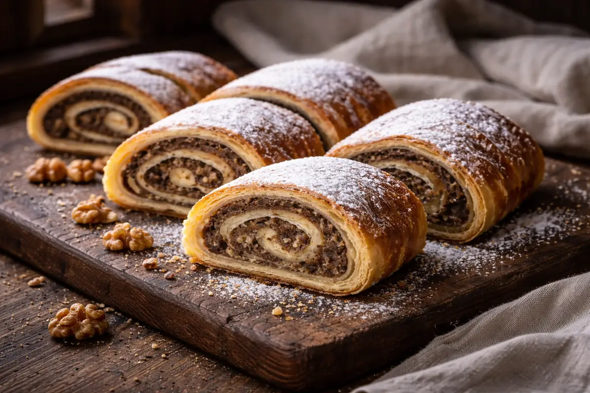 Sliced fatback walnut roll on a dark oak board, dusted with powdered sugar, showing flaky layers and dark walnut filling.