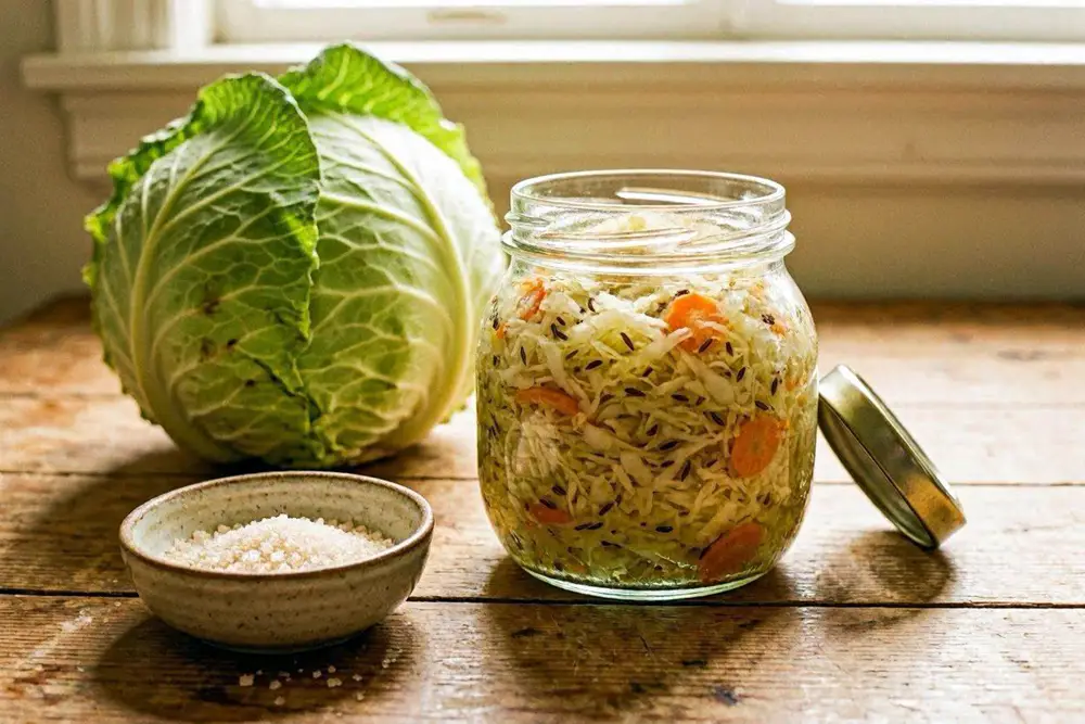 A large glass jar of fermented shredded cabbage with visible carrot rounds and caraway seeds, on a wooden surface with a whole cabbage head beside it