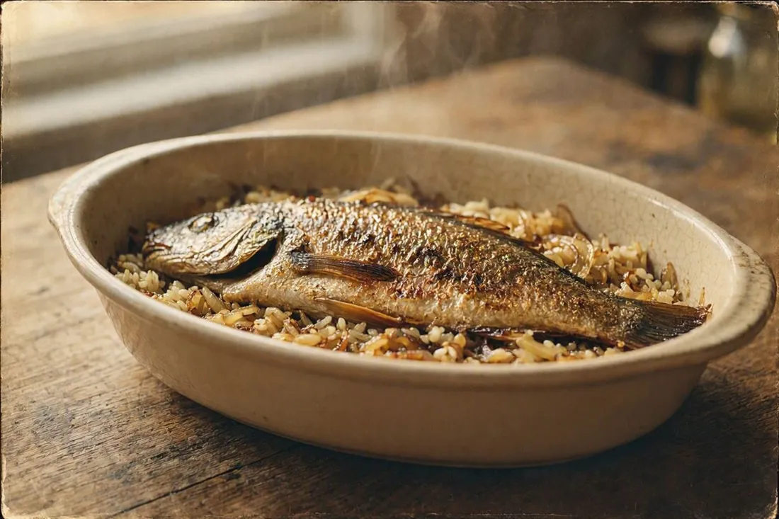 Whole baked fish resting on a bed of caramelized onions and rice in a rustic baking dish