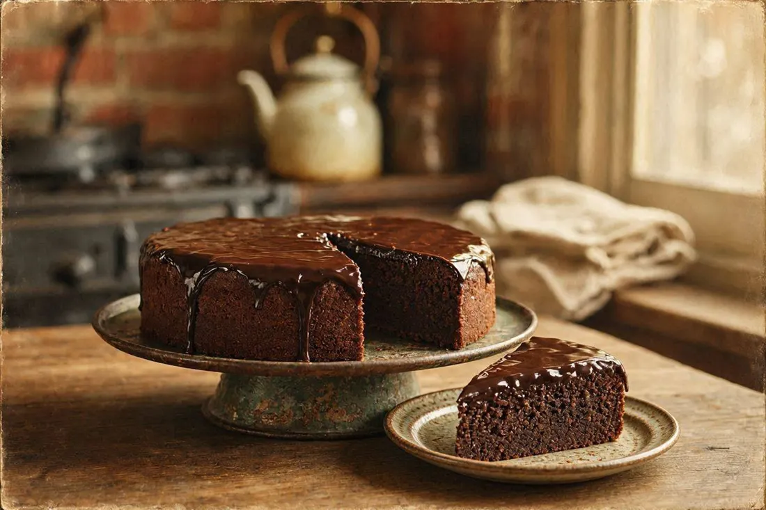 Sliced flourless chocolate almond torte with glossy chocolate glaze