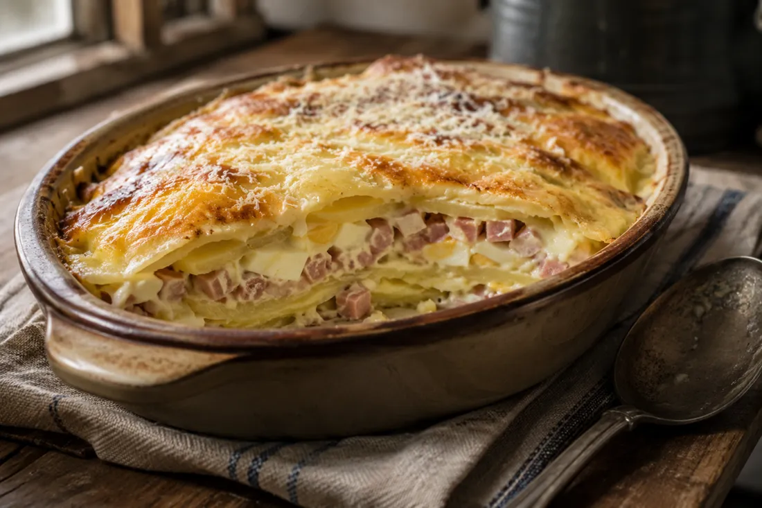Layered baked potato gratin with ham, egg, and cheese, rustic table setting