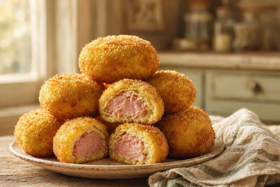 Golden fried ham croquettes with a crisp breadcrumb coating