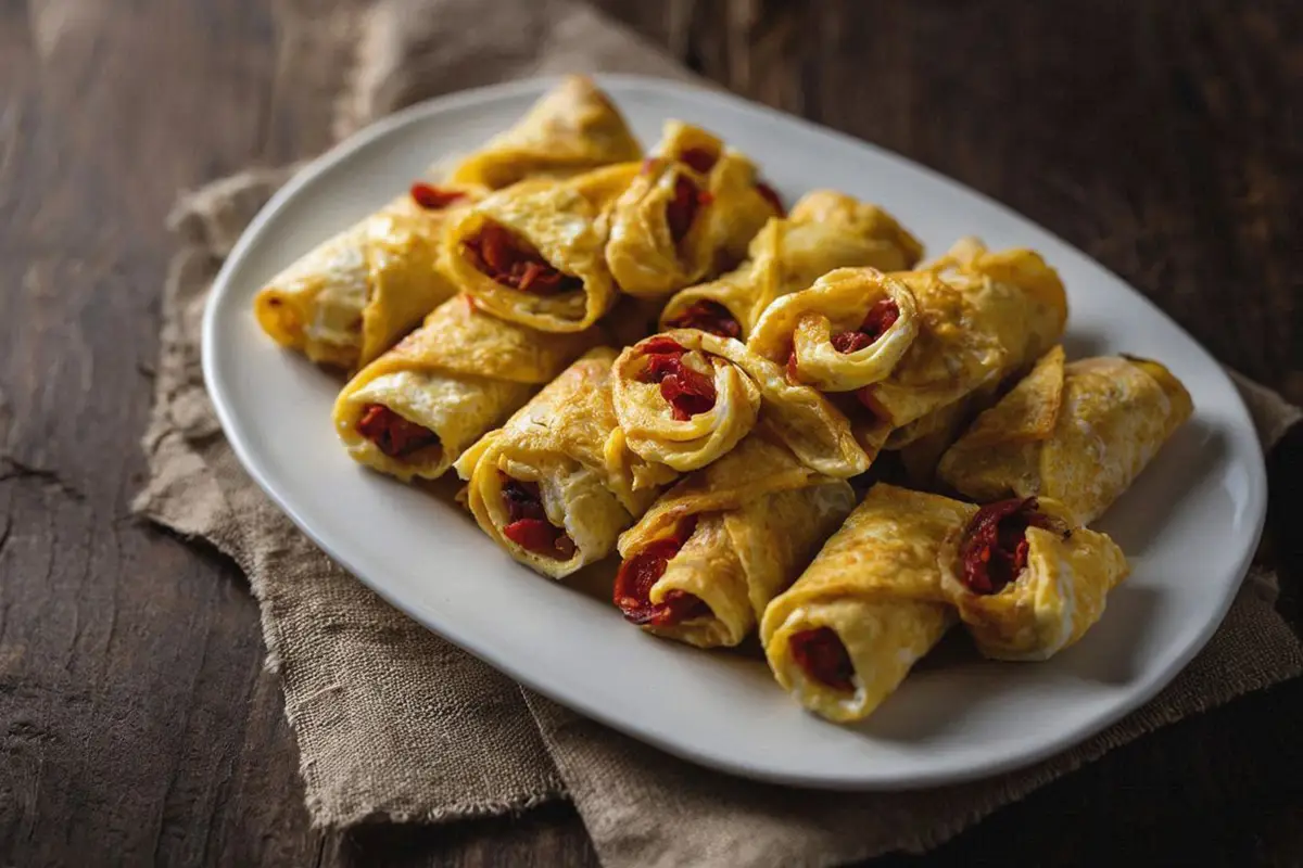 Rolled egg and roasted pepper appetizers arranged on a white oval plate, golden edges, served hot