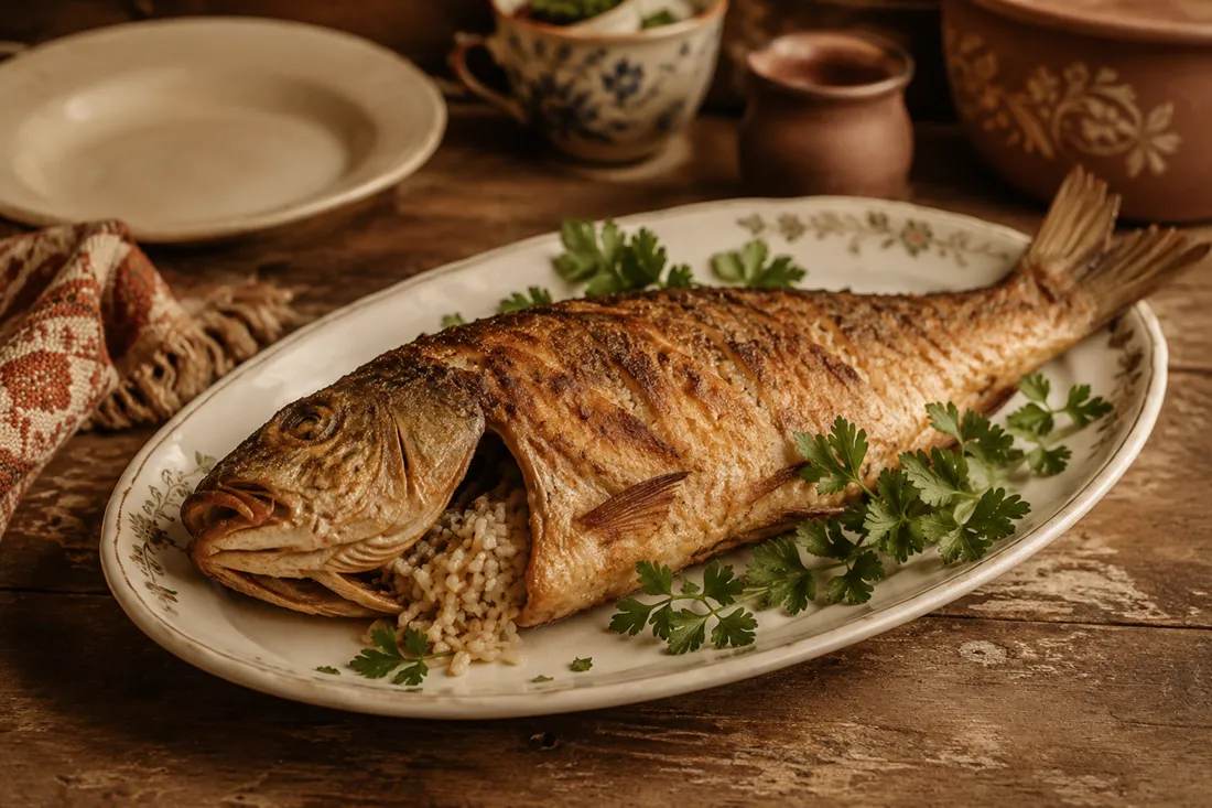 Whole fried stuffed fish on a serving platter, golden crust, rice filling visible at the opening