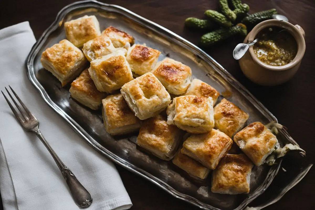 Golden crispy turkey skin rolls arranged on a long serving platter with salad garnish