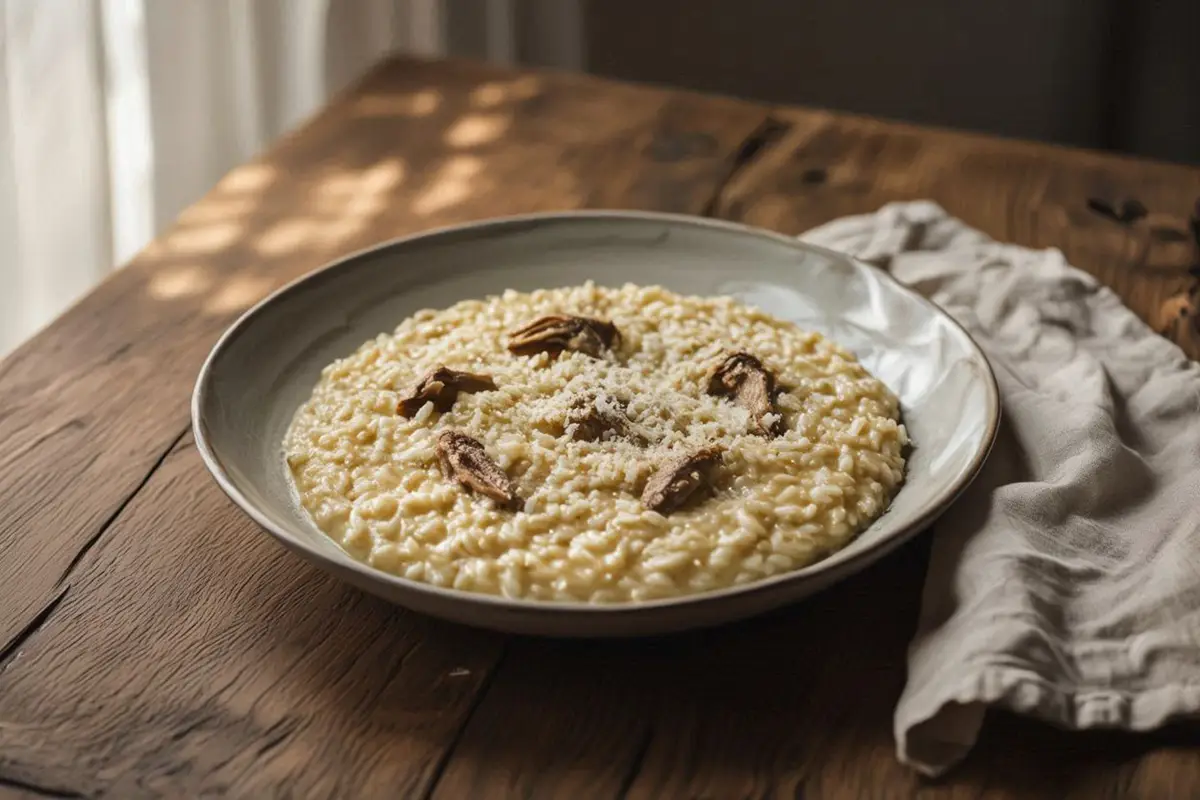 A wide shallow bowl of creamy frog risotto with a golden surface and a dusting of Parmesan on a dark oak table.