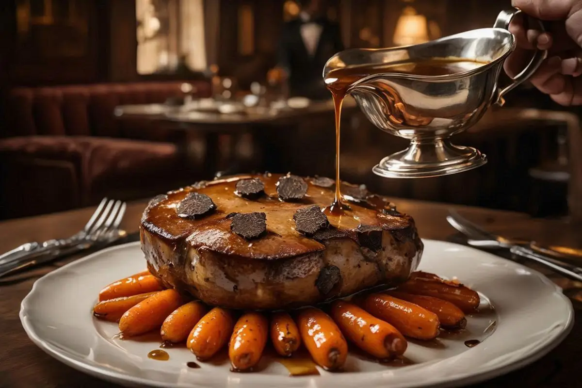 A whole braised goose liver studded with truffle cubes, drizzled with a rich Madeira sauce.