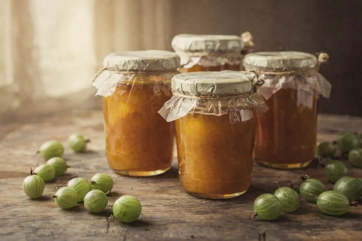 Golden amber gooseberry marmalade in vintage glass jars with cellophane tops on rustic table