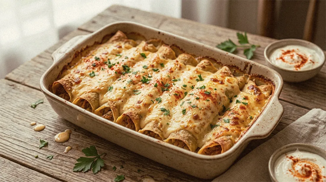 Rolled crepes filled with veal, arranged in a baking dish and topped with golden baked sour cream sauce