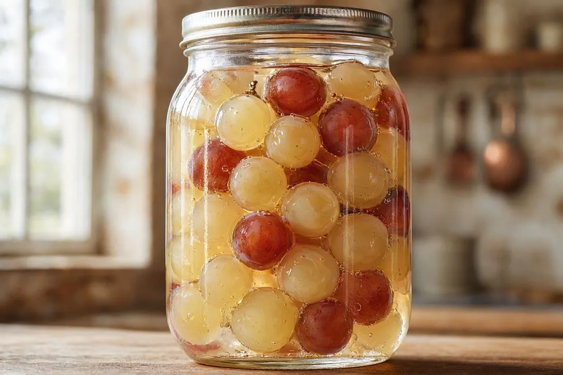 Small clusters of grapes preserved in light syrup inside a sealed glass jar