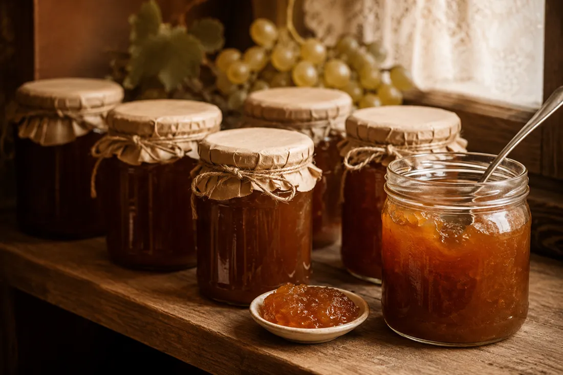 Jars of thick amber grape and quince jam
