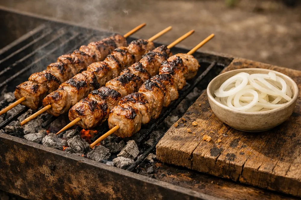 Grilled pork skewers over charcoal, served with sliced onion