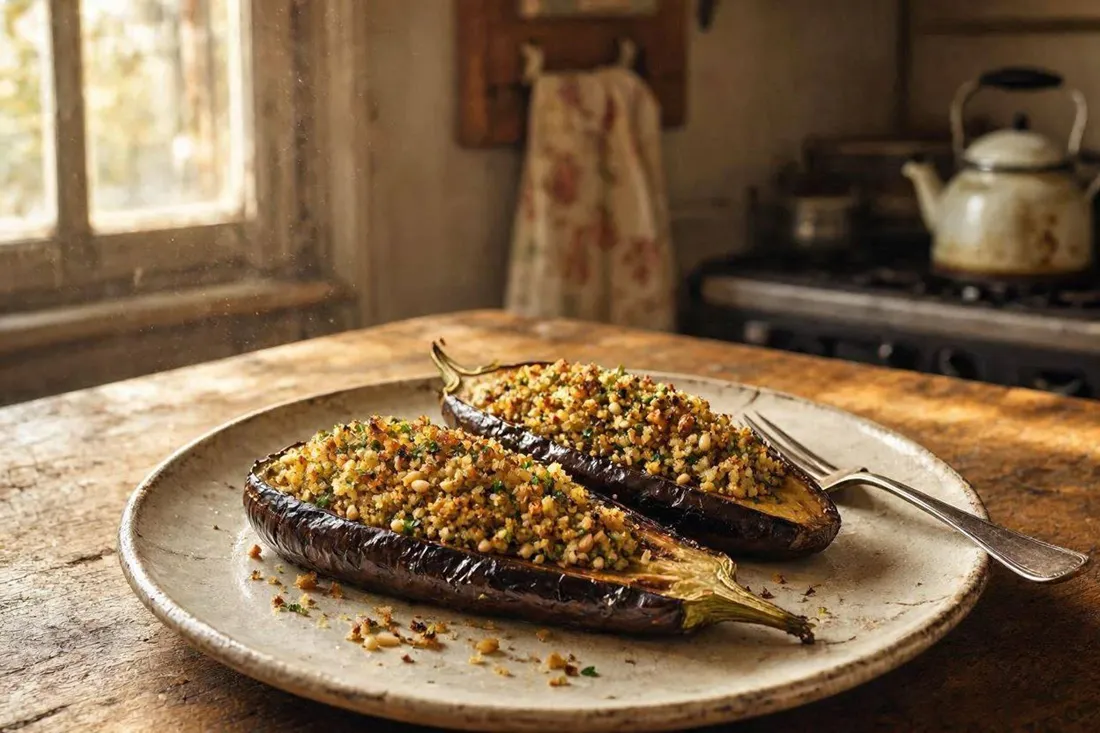 Halved eggplants stuffed with a breadcrumb and garlic filling, grilled and lightly charred