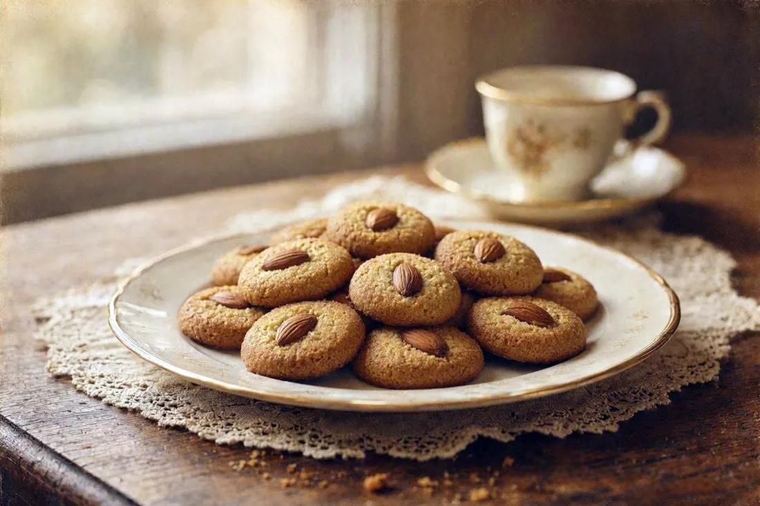 Honey spice tea cookies topped with almond halves on a plate