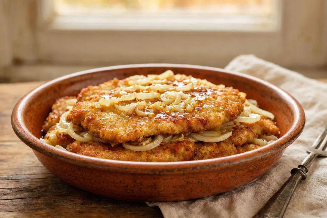 Layered fried schnitzels with raw onion in a deep serving dish, rustic table setting