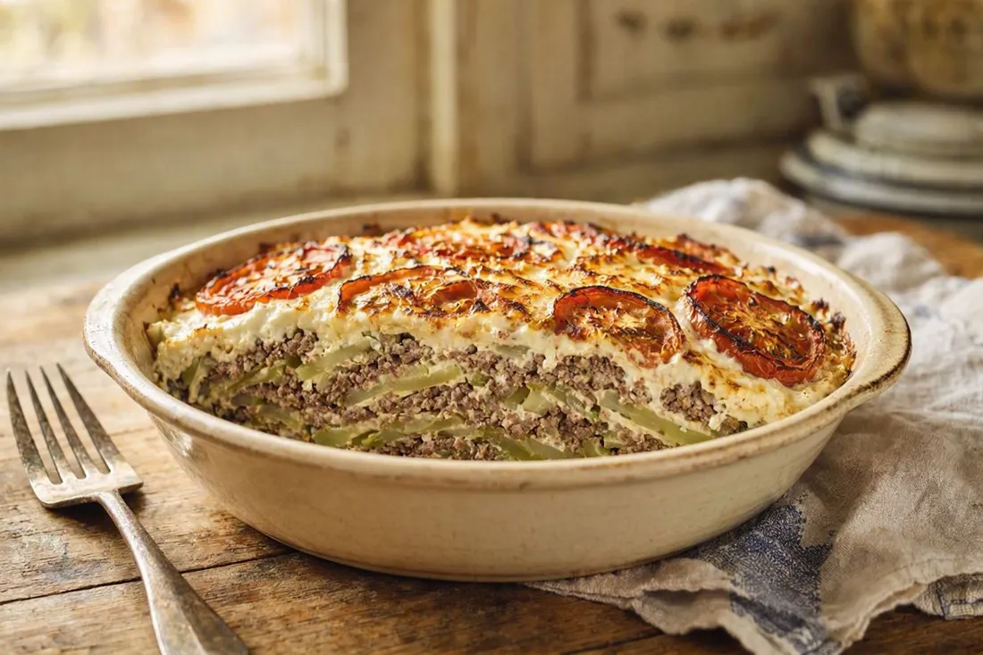 Layered kohlrabi and ground veal musaka in a baking dish, topped with tomato and sour cream