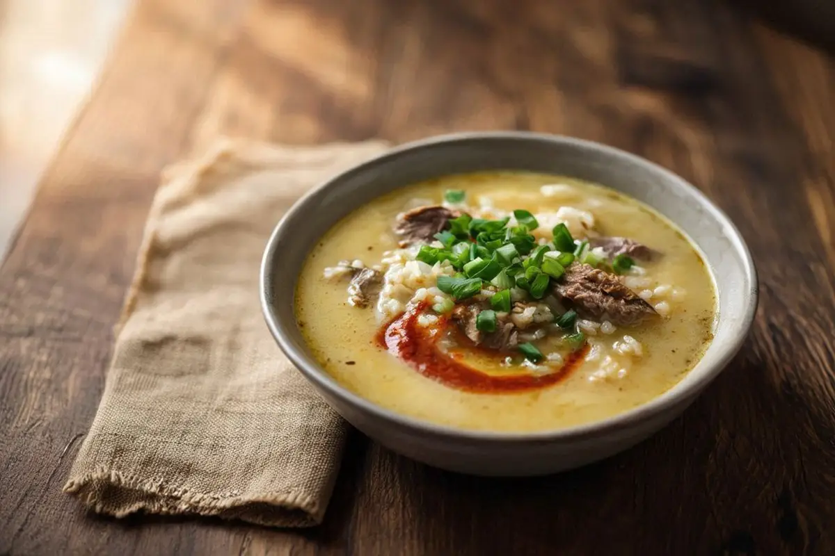 A ceramic bowl of pale golden lamb offal soup with rice, green onion, and a swirl of red pepper butter on a dark oak table.