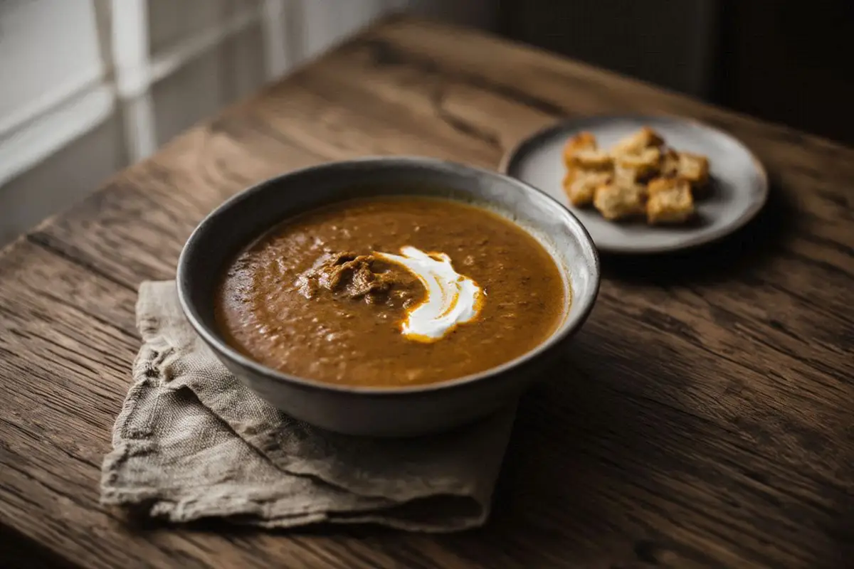 A deep ceramic bowl of rich golden-brown offal soup with a swirl of pale sour cream and golden croutons on a dark oak table with a linen napkin.