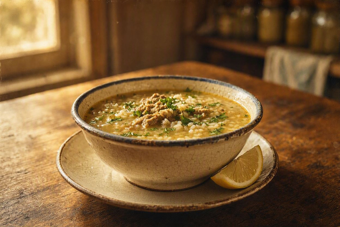 A bowl of golden lamb soup finished with egg and lemon, garnished with chopped parsley