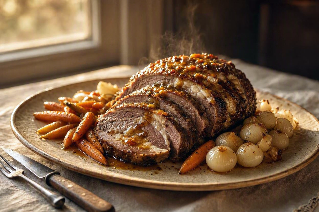 Sliced larded beef roast garnished with pearl onions and carrots on a platter