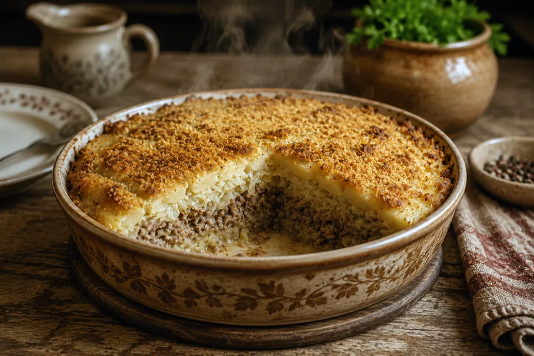 Sliced layered meat, sauerkraut, and potato musaka in a baking dish, golden breadcrumb top