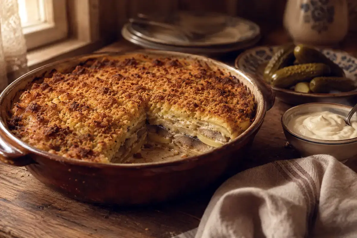Golden breadcrumb-topped potato and herring bake in a deep dish, with a slice cut to show layers of potato, fish and custard