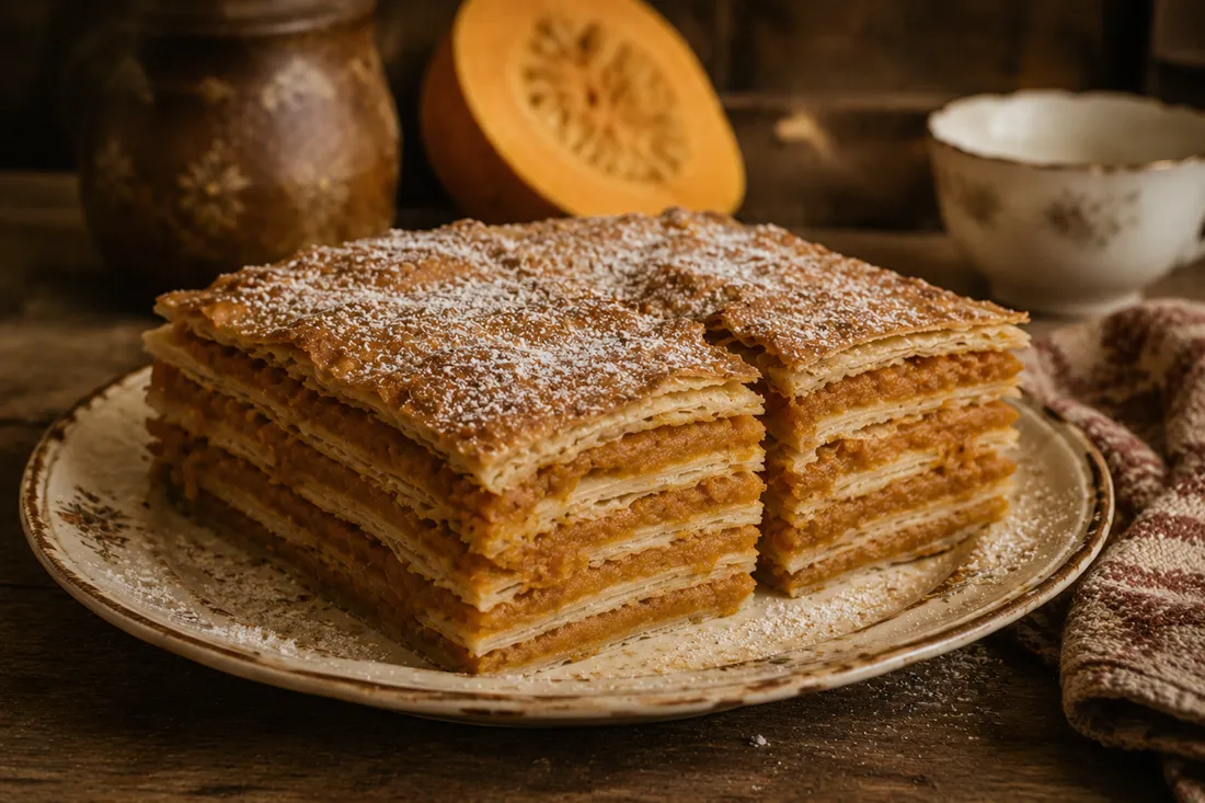 Sliced layered pumpkin pastry showing alternating dough sheets and pumpkin filling, dusted with vanilla sugar