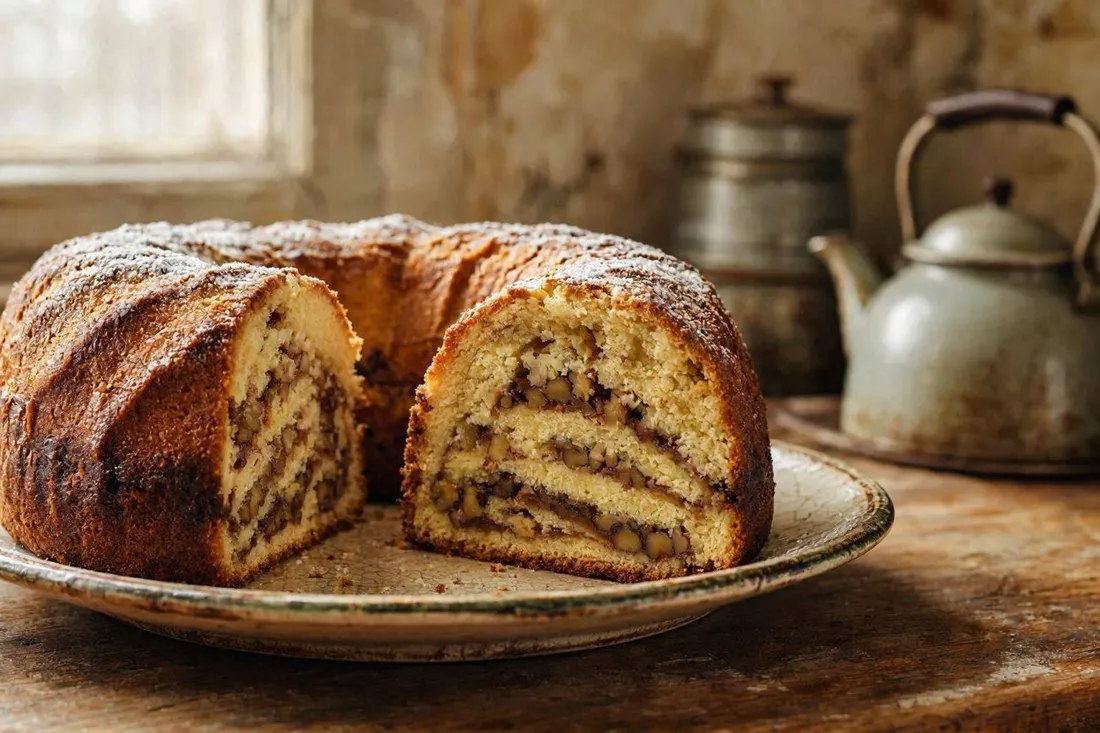 A sliced walnut kuglof cake showing its layered interior of dough, sugar, and walnuts