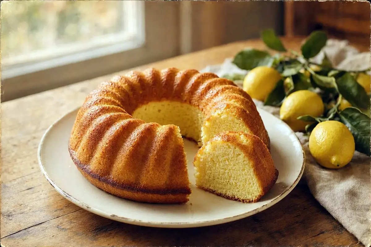 Golden lemon koh sponge cake baked in a fluted ring pan, with one slice cut to show the fine pale-yellow crumb