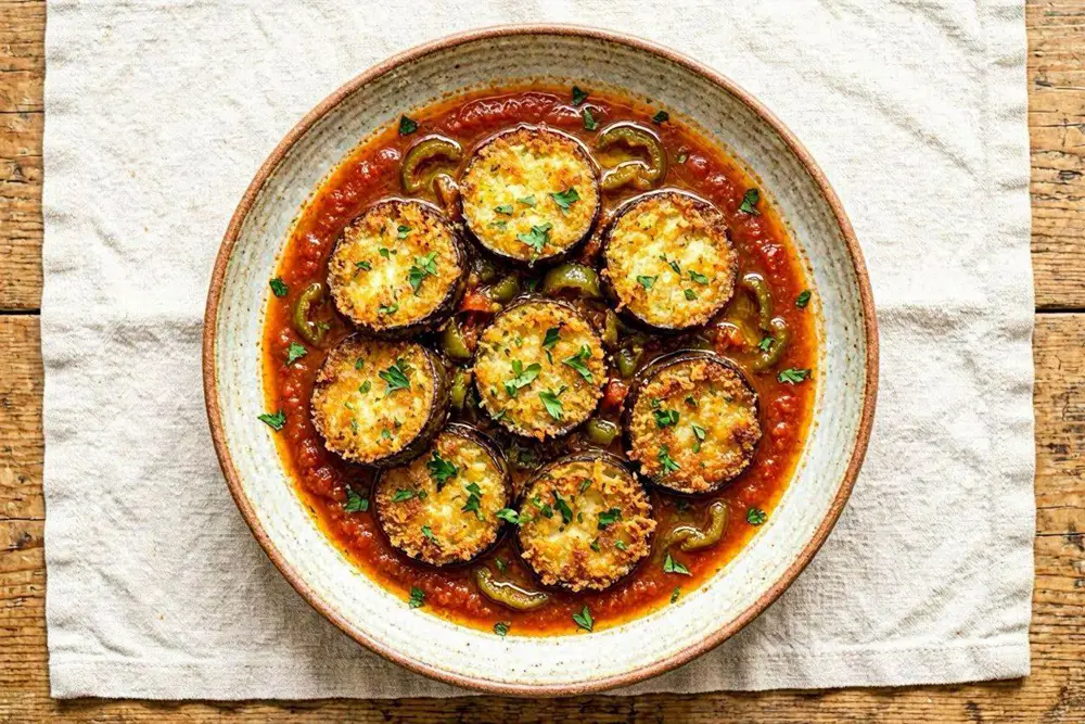 Golden-fried eggplant rounds in a rich tomato sauce with parsley, served in a wide shallow bowl