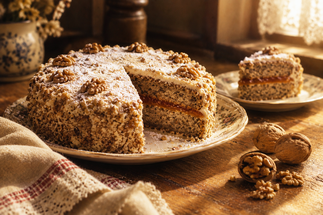 Sliced Lenten royal cake dusted with vanilla sugar, showing the jam layer through the center
