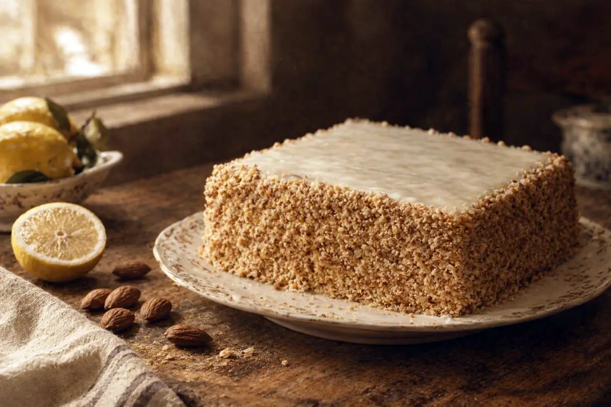 Square wafer torte with a smooth white glaze and almond-crusted sides, one slice cut to show thin wafer layers and pale golden almond filling