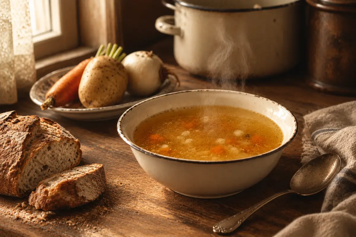 White bowl of clear golden vegetable broth with translucent sago pearls, steam rising, beside a plate of raw carrot, potato and turnip