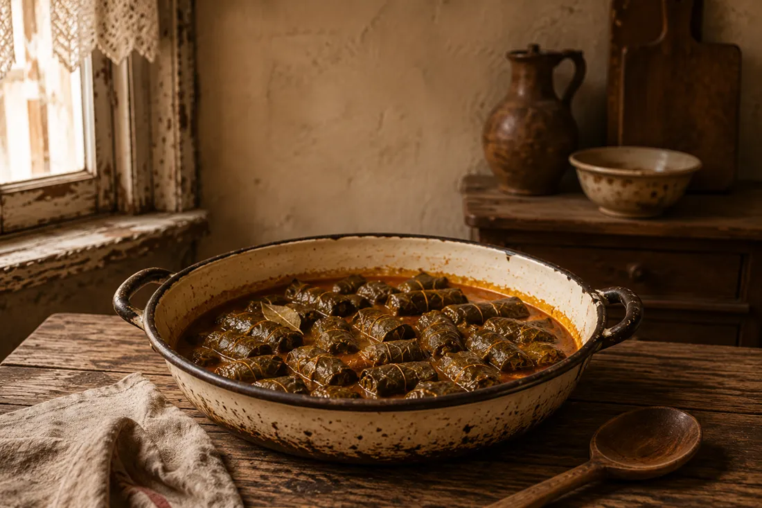 Small linden leaf sarma rolls simmering in a pot with paprika-tinted sauce