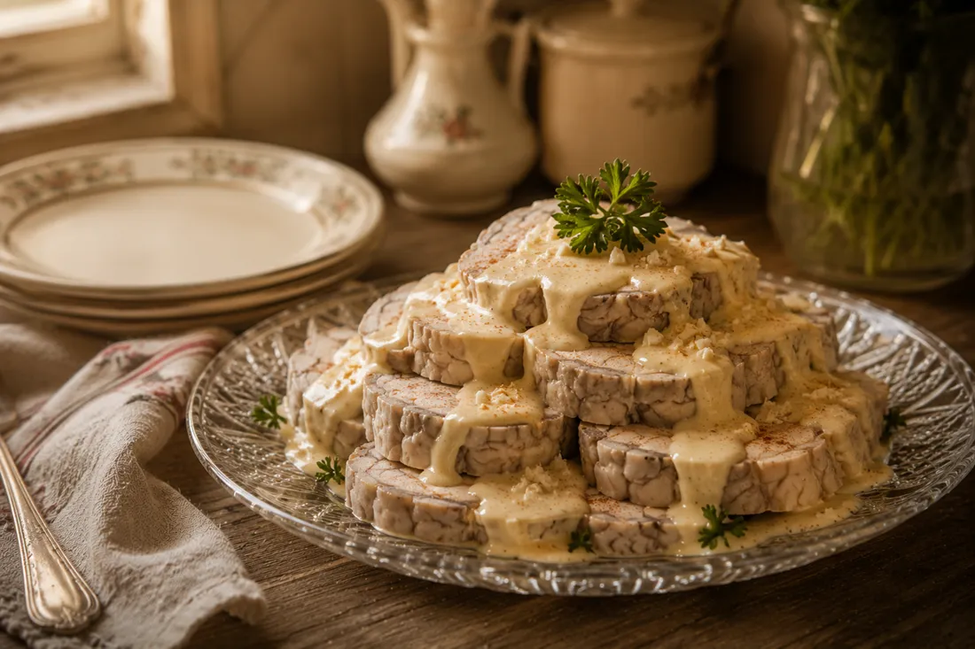 Sliced marinated veal brain mounded into a pyramid on a glass dish, topped with egg yolk dressing