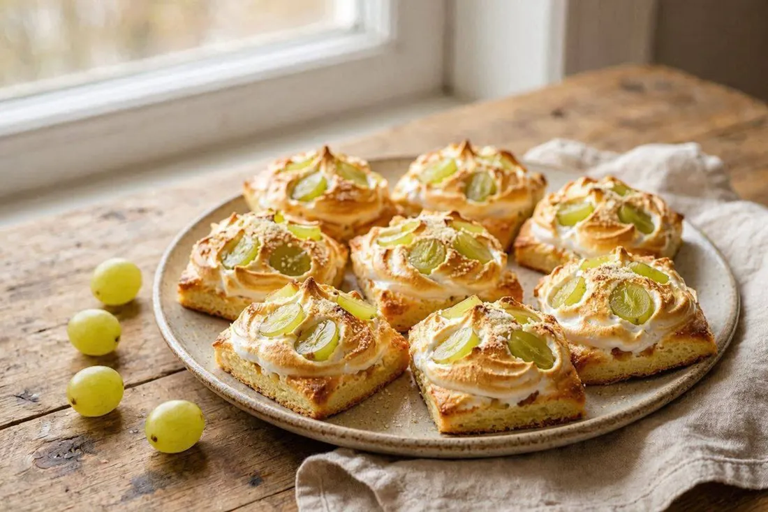 Small square cakes topped with meringue and grapes, dusted with vanilla sugar