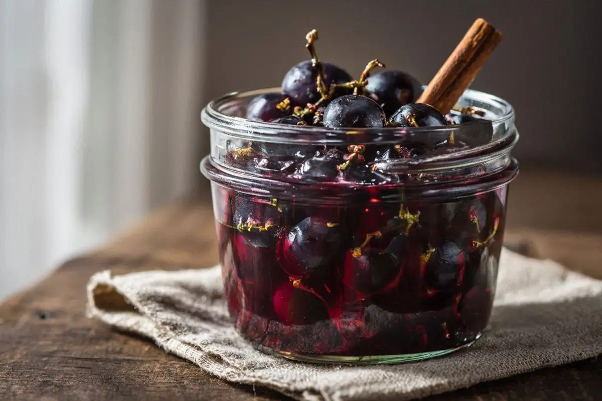 Glass jars filled with whole dark Muscat grapes in golden spiced syrup, cinnamon stick visible, on a dark oak table with natural window light.