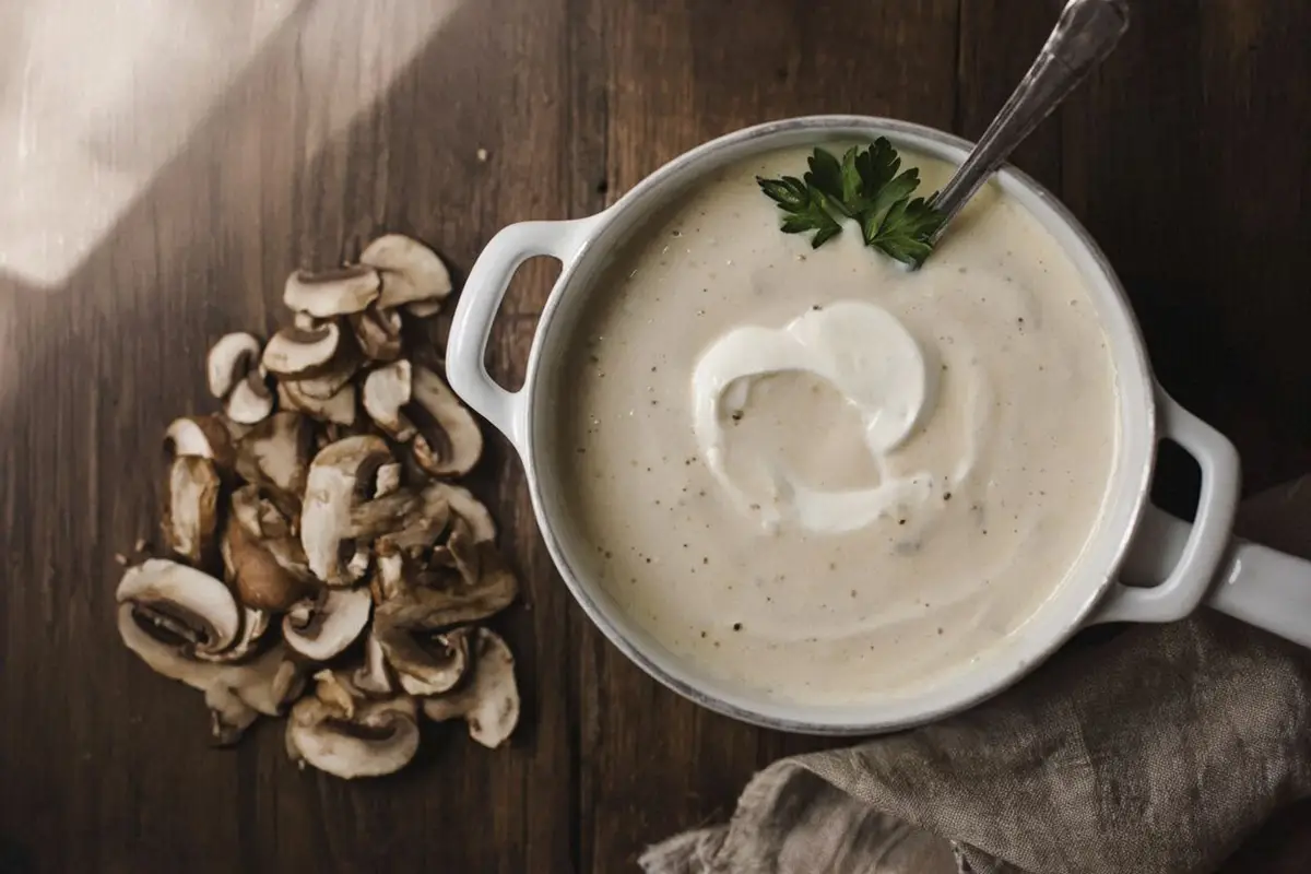 Creamy mushroom sauce with sour cream in a small white saucepan, garnished with fresh parsley, on a linen cloth